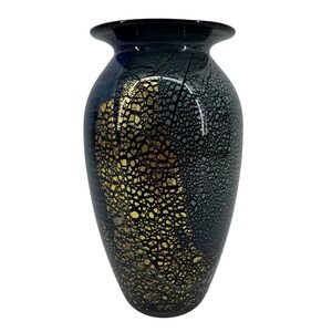 Robert Eickholt Signed Studio Art Glass Vase Blue Gold Leaf Iridescent Crackle
